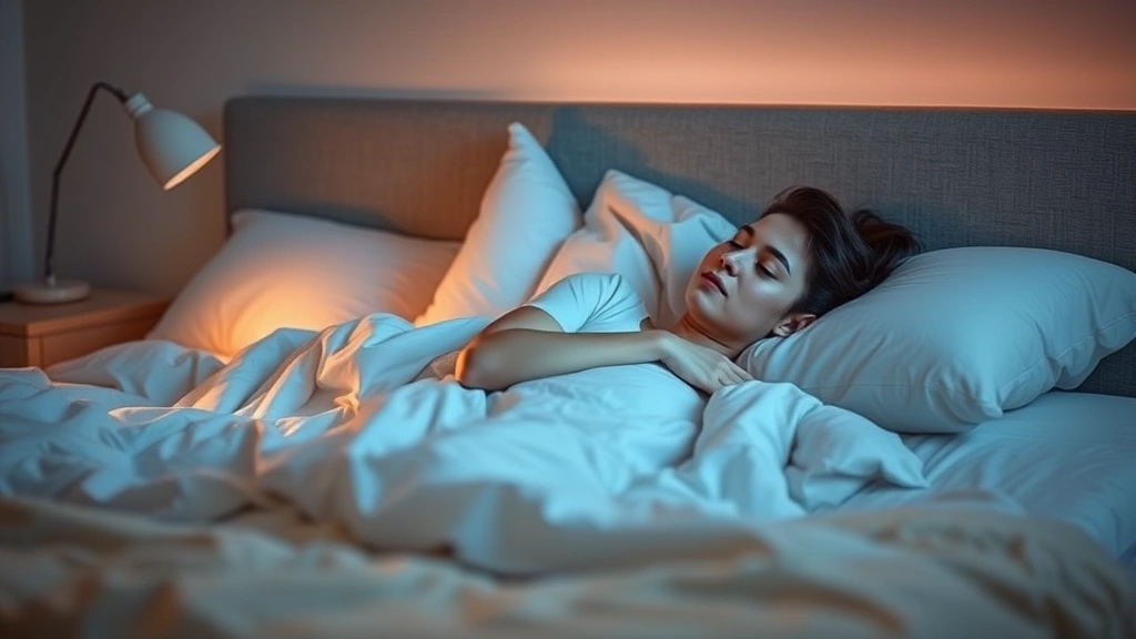 A peaceful bedroom scene at bedtime with soft lighting, comfortable pillows, and a person relaxing in bed demonstrating healthy sleep hygiene