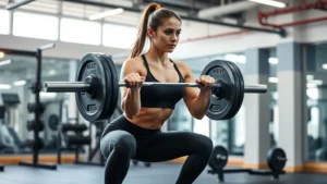 Athletic woman performing a barbell squat in a modern gym with proper form, strong posture, focused expression, professional lighting, clean gym environment