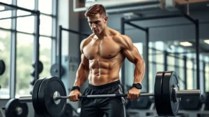 Fit person performing barbell deadlift with proper form in modern gym setting with natural lighting, showing full body engagement and muscular definition