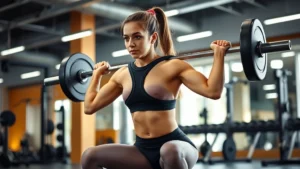 A fit woman performing a barbell back squat with perfect form in a modern gym, wearing athletic gear, focused expression, bright gym lighting, clean equipment visible