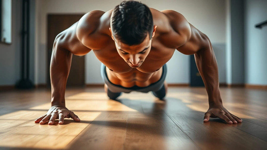 Fit person doing push-ups on a wooden gym floor, full body engagement, core activation visible, natural gym lighting, motivational fitness setting