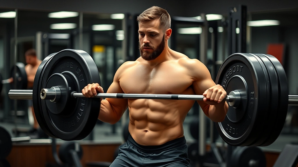 A strong man executing a deadlift with proper form, lifting a loaded barbell, athletic physique visible, gym setting with mirrors and equipment, concentrated form