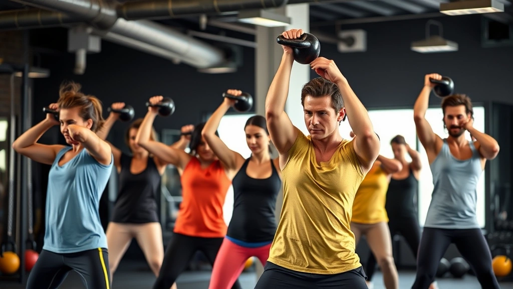 Group of diverse people performing kettlebell swings in gym class, showing dynamic movement, strength, and energy with professional training environment