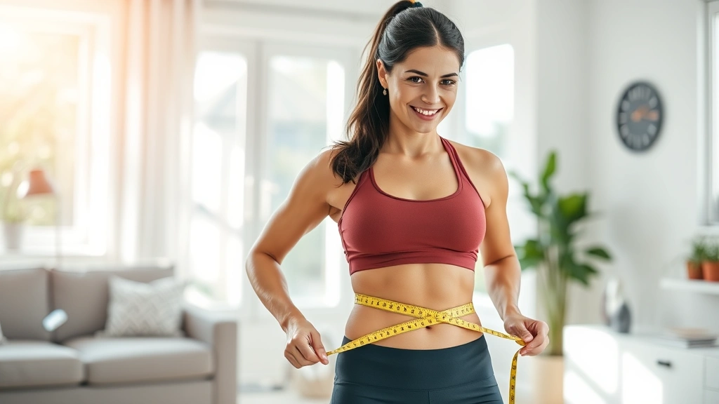 Woman measuring waist with tape measure, smiling confidently in bright home setting, wearing athletic wear, natural lighting, healthy wellness context