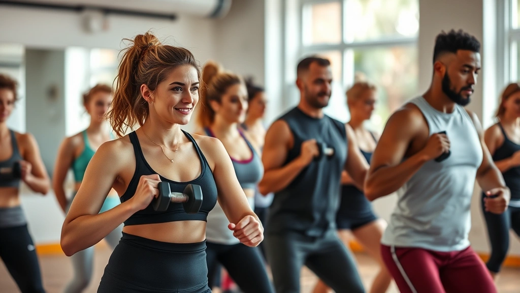 Diverse group in fitness class doing resistance training with dumbbells, supportive community atmosphere, bright studio, active and energetic movement