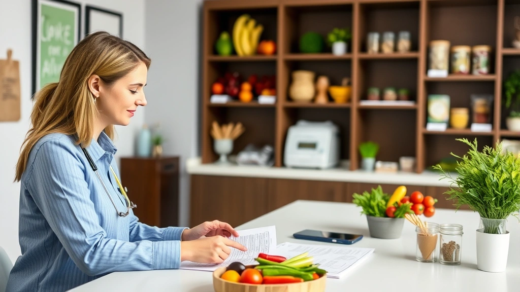 Registered dietitian discussing meal planning with client at clinic desk, pointing to colorful vegetables and whole foods, professional healthcare environment