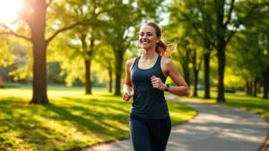 A fit woman jogging outdoors through a beautiful park with green trees and morning sunlight, wearing athletic clothing, smiling with confidence and determination