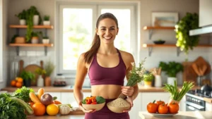 A fit woman in athletic wear smiling while holding fresh vegetables and whole grains in a bright, modern kitchen with natural sunlight streaming through windows