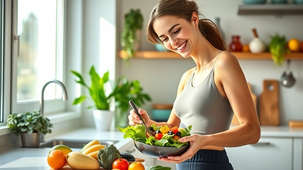 Fit woman preparing healthy salad with fresh vegetables in bright modern kitchen, smiling confidently, natural morning light, realistic lifestyle photography