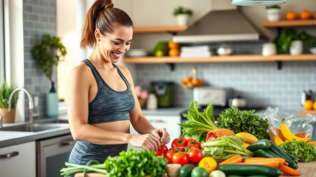 Woman in athletic wear preparing colorful fresh vegetables and fruits in a bright kitchen, smiling and focused on meal preparation