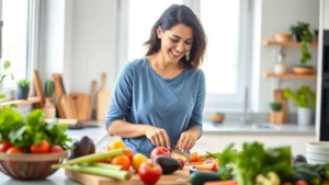 Woman preparing fresh colorful vegetables in bright modern kitchen, smiling while chopping produce, natural daylight streaming through windows, healthy meal preparation scene