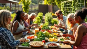 A diverse group of people enjoying a healthy meal together at an outdoor community garden in Cordova, showing fresh vegetables, whole grains, and colorful plates, natural sunlight, warm and welcoming atmosphere, photorealistic wellness scene