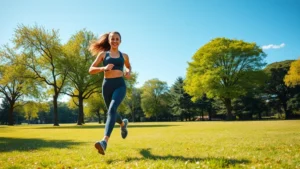 Fit woman in activewear jogging through a sunny park with green trees and blue sky, peaceful outdoor exercise environment, healthy lifestyle motion