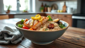 Healthy Mediterranean-style meal bowl with grilled salmon, quinoa, roasted vegetables, and olive oil drizzle on rustic wooden table in bright natural kitchen lighting