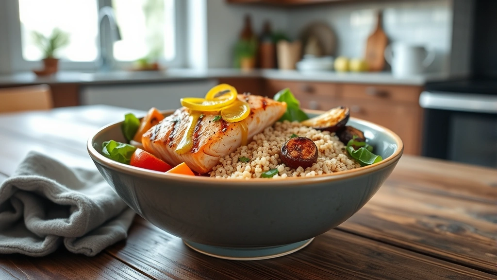 Healthy Mediterranean-style meal bowl with grilled salmon, quinoa, roasted vegetables, and olive oil drizzle on rustic wooden table in bright natural kitchen lighting