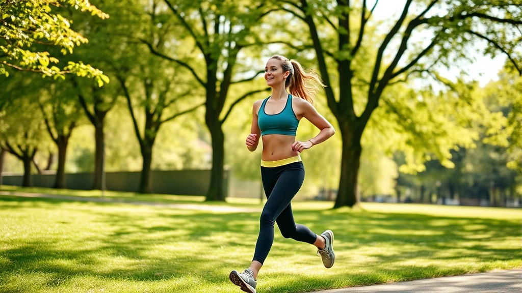 A fit woman in athletic wear jogging through a sunny park with green trees, natural lighting, healthy lifestyle appearance, no text or numbers visible