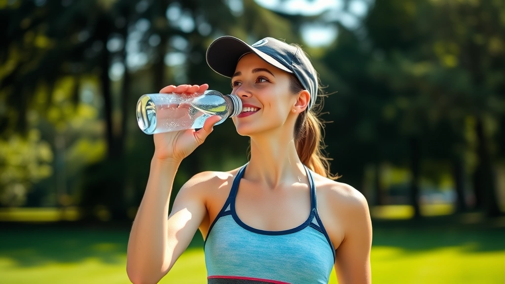 A woman in athletic wear smiling while drinking water from a clear glass bottle after outdoor exercise in a park setting, natural daylight, healthy lifestyle