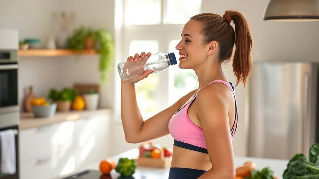 A fit woman in athletic wear smiling while drinking water from a glass bottle in a bright, modern kitchen with fresh vegetables on the counter, natural sunlight streaming through windows