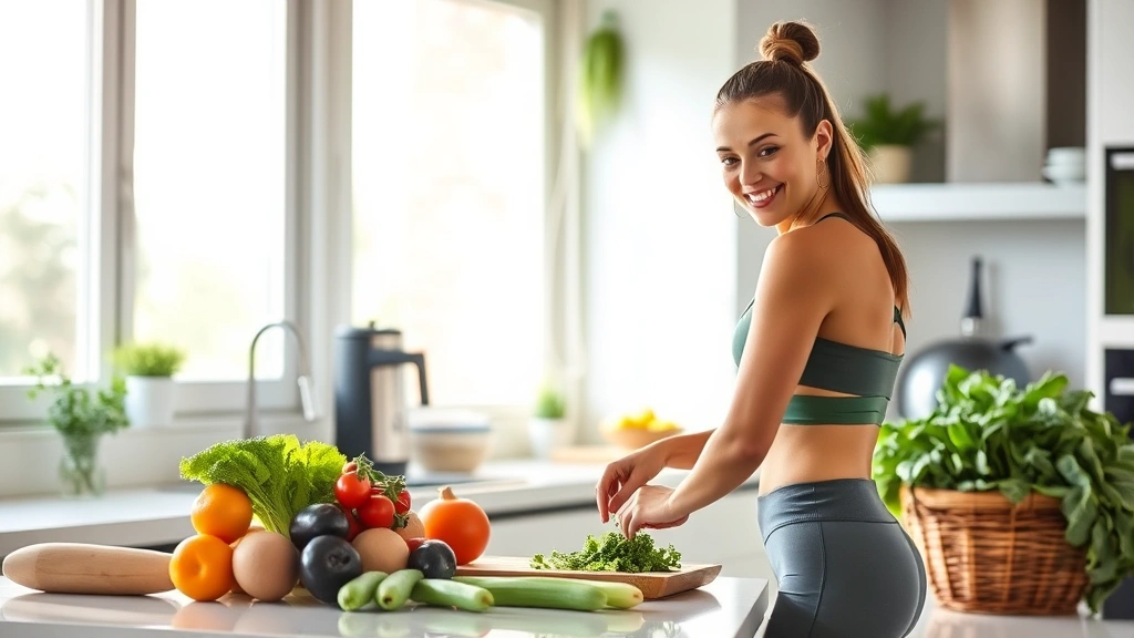 Fit woman in athletic wear preparing fresh vegetables in modern kitchen, sunlight streaming through windows, healthy ingredients on counter, genuine smile, wellness-focused atmosphere