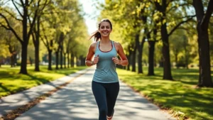 A woman in athletic wear jogging through a sunny park path lined with trees, smiling with positive energy, natural outdoor fitness environment