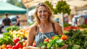Woman in Cordova, Tennessee enjoying fresh vegetables at a farmers market on a sunny day, smiling while holding fresh produce, natural lighting, vibrant colors