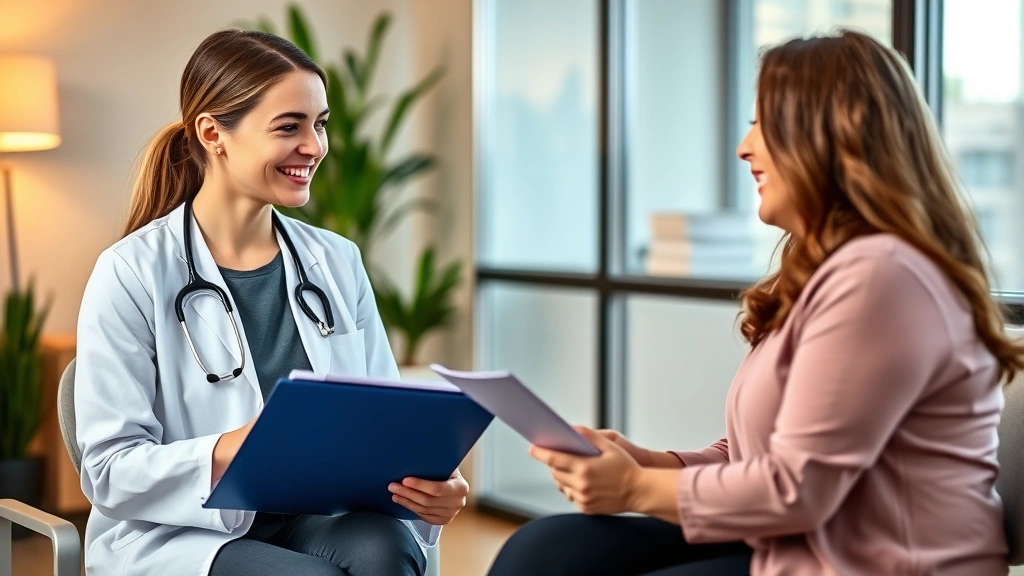 Professional healthcare consultation scene: Female doctor with clipboard discussing weight loss plan with patient in modern medical office, warm lighting, compassionate interaction, both smiling