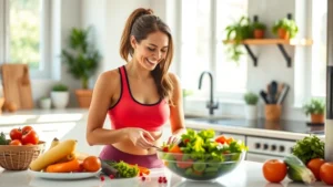 A woman in athletic wear smiling while preparing a colorful vegetable salad in a bright, modern kitchen with natural sunlight streaming through windows, fresh produce on the counter