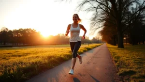 Woman jogging on scenic park trail at sunrise, athletic wear, healthy glow, trees and grass background, morning light