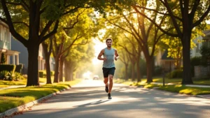 Fit adult in Cordova neighborhood jogging on tree-lined suburban street, morning sunlight, healthy athletic posture, realistic fitness scene