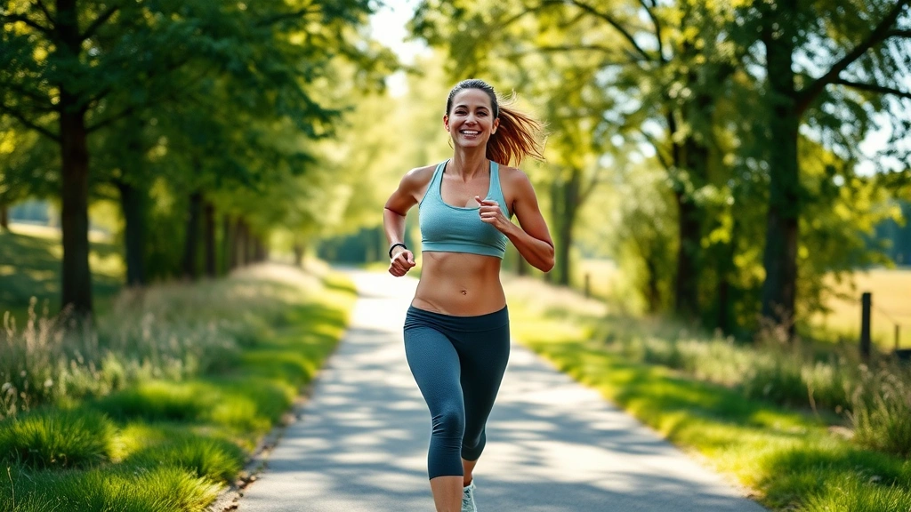 Woman in athletic wear jogging outdoors on a sunny morning path, surrounded by green trees and natural landscape, smiling with confidence and energy