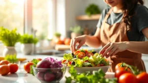 A person preparing a colorful salad with fresh vegetables in a bright, modern kitchen, natural sunlight streaming through windows, emphasizing whole foods and healthy meal preparation