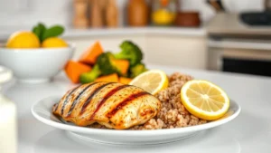 A healthy meal prep setup with grilled chicken breast, colorful roasted vegetables including broccoli and sweet potato, brown rice, and fresh lemon, arranged on a white plate in a bright kitchen setting
