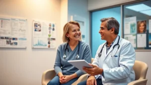 Professional healthcare provider consulting with middle-aged patient in modern medical office, warm lighting, both smiling, health charts visible on wall, welcoming clinical environment