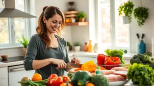 Woman preparing fresh vegetables and lean proteins in a bright kitchen, smiling while chopping colorful bell peppers and broccoli, natural sunlight streaming through windows, healthy meal prep scene