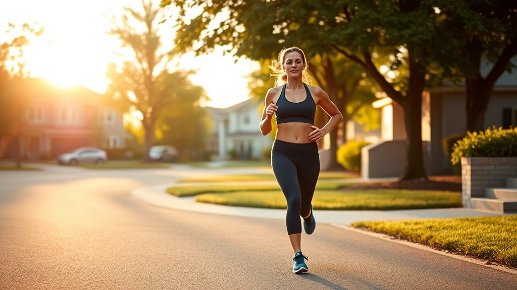 A woman jogging outdoors in a modern suburban neighborhood during early morning, wearing athletic gear, with trees and residential homes in background, golden sunlight, health-focused, energetic