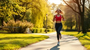 A fit woman in athletic wear jogging outdoors on a sunny morning path through a park, showing health and wellness in action, realistic photography