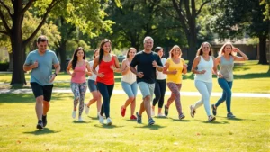 A diverse group of people exercising together outdoors in a suburban park setting, showing walking, stretching, and friendly interaction, bright natural lighting, healthy and energetic atmosphere
