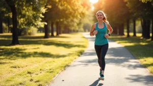 A fit woman jogging on a sunny path through a green park, wearing athletic clothing, looking energized and healthy, natural outdoor setting