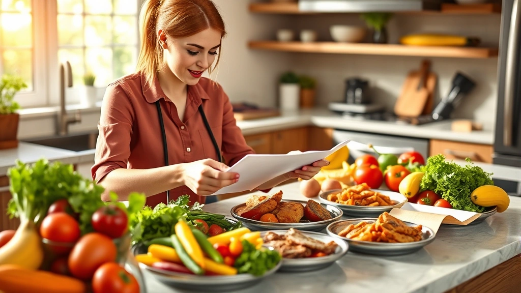Professional registered dietitian reviewing colorful meal plans with fresh vegetables, fruits, and lean proteins on a modern kitchen counter, warm natural lighting, healthy food focus