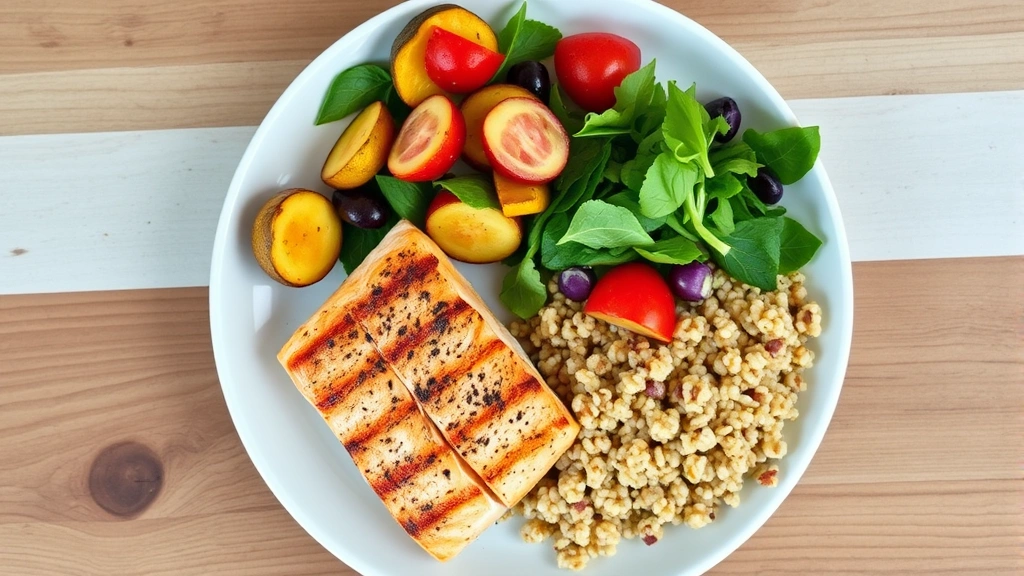 Overhead view of colorful balanced meal plate with grilled salmon, roasted vegetables, quinoa, and fresh salad on white plate, natural kitchen lighting, healthy food photography style