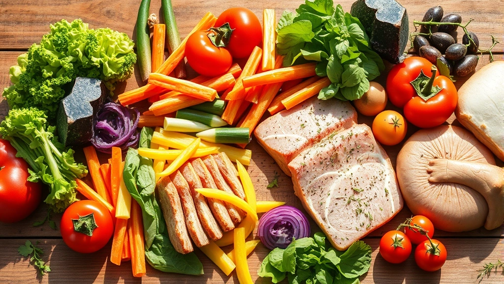 Colorful fresh vegetables and lean proteins arranged on wooden table, Mediterranean-style ingredients, bright natural daylight, appetizing composition
