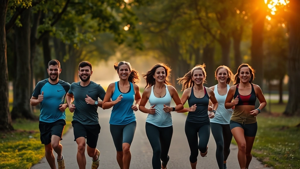 A diverse group of people jogging together on a tree-lined path in a park during golden hour, wearing athletic wear, showing joy and camaraderie, realistic outdoor photography, warm lighting, no visible text