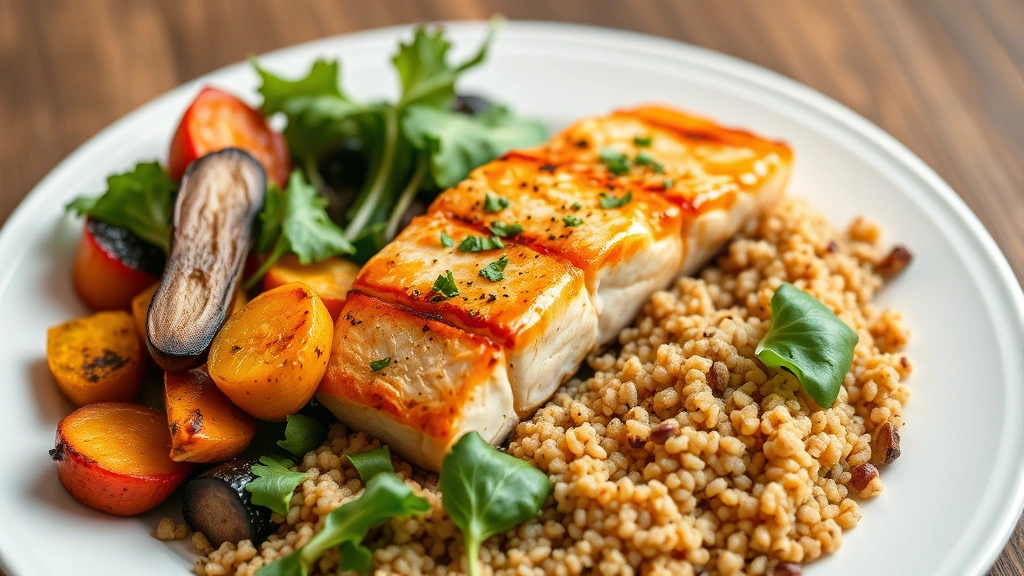 Close-up of a colorful, balanced plate with grilled salmon, roasted vegetables, quinoa, and fresh salad greens on white dinnerware, natural lighting from above