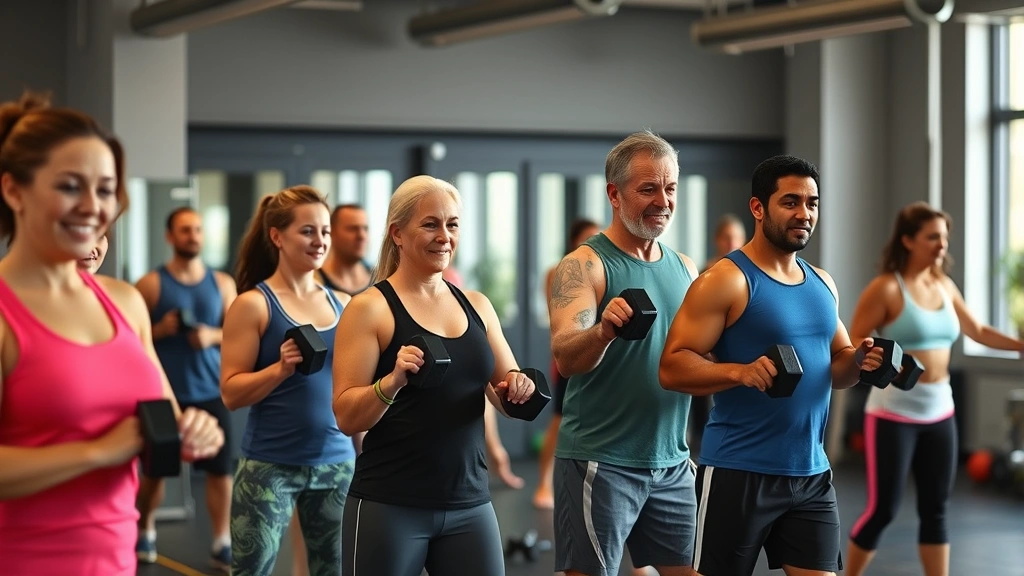 A diverse group of people of various ages performing strength training exercises with dumbbells and resistance bands in a welcoming gym environment with motivational energy