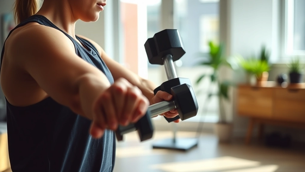 Person doing strength training with dumbbells in a home fitness space, showing proper form during an exercise with natural lighting