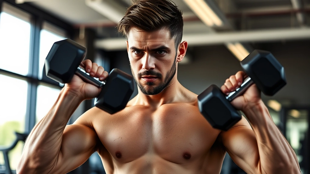 Fit person performing strength training with dumbbells in gym, focused expression, proper form during resistance exercise, modern fitness facility background with natural lighting