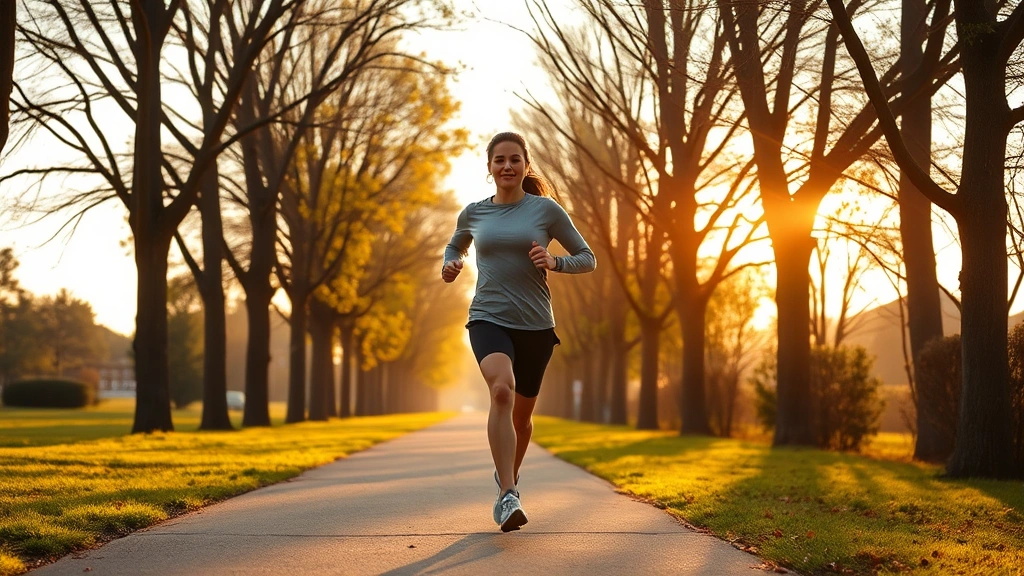 A fit person jogging through a scenic park pathway lined with trees in Memphis area, wearing comfortable athletic clothes, early morning golden hour lighting, peaceful natural environment, positive energy and movement captured in detail