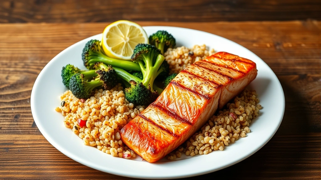 Colorful plate with grilled salmon, roasted broccoli, quinoa, and fresh lemon slice, nutritious balanced meal on white plate against wooden table
