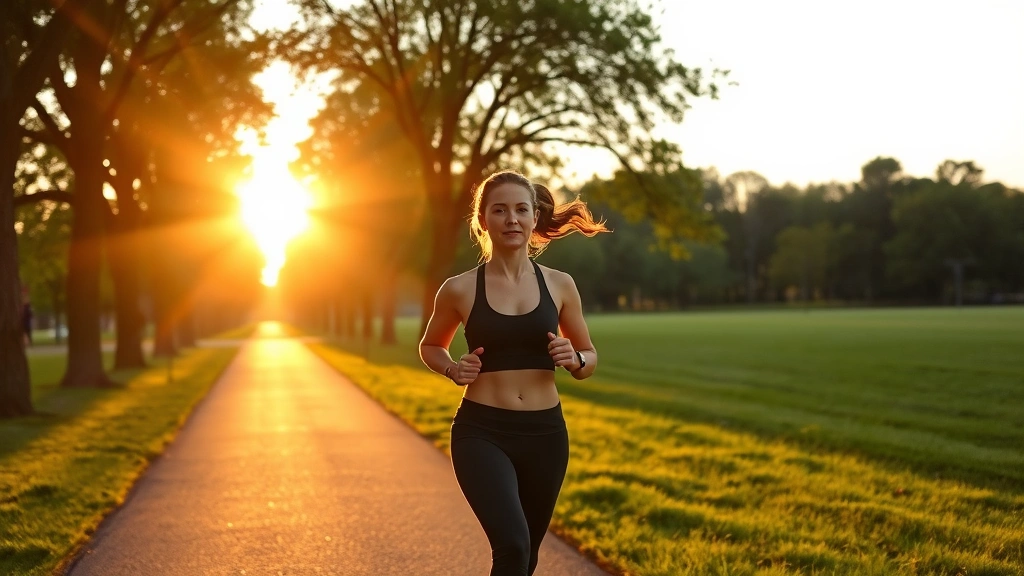Woman jogging on tree-lined park path during golden hour sunset, wearing athletic gear, focused expression, natural outdoor setting with green grass