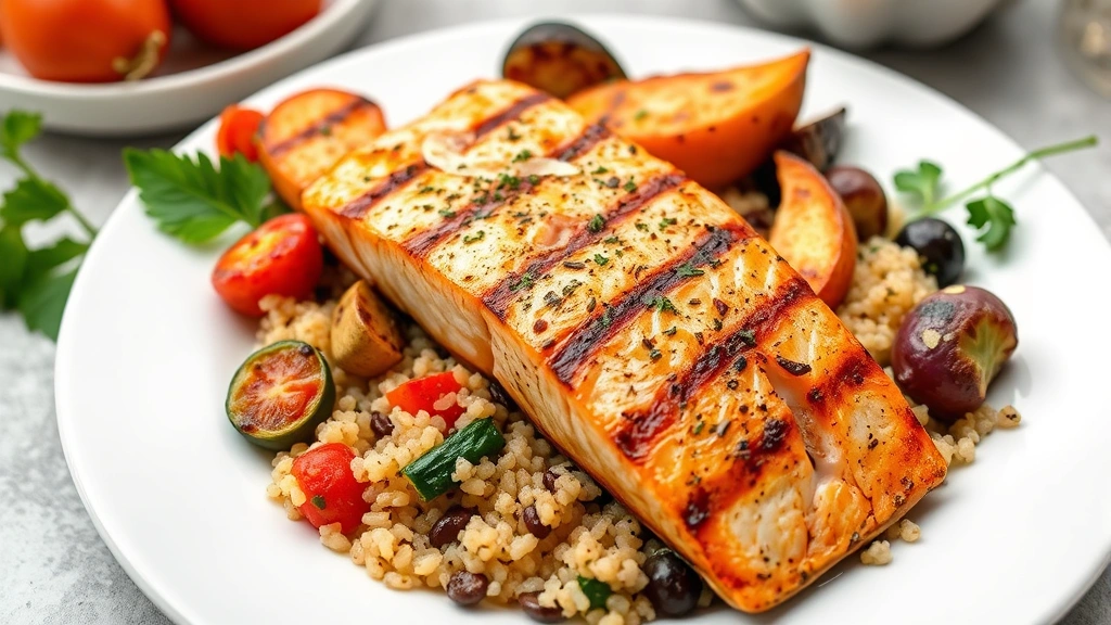 A colorful plate with grilled salmon, roasted vegetables, and quinoa, fresh and appetizing, professional food photography style, no nutritional labels or text